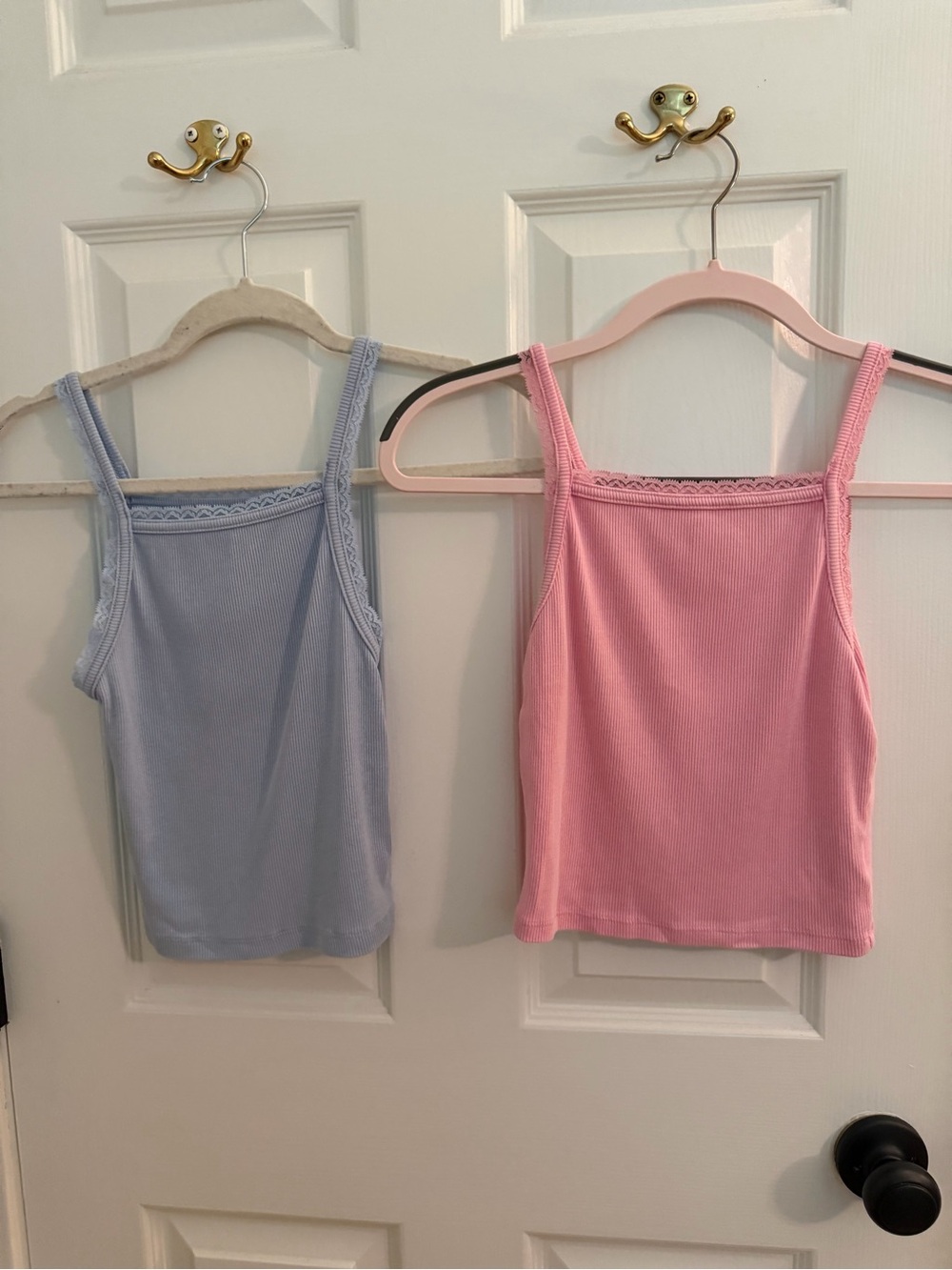 American Eagle Outfitters Pink & Light Blue Ribbed Lace-Trim Camisoles